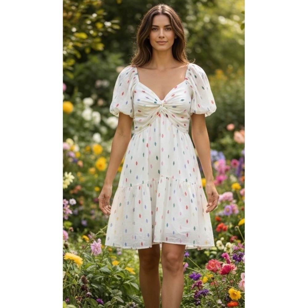 NEW Never‎ A Wallflower Coco White Embroidered Puff Sleeve Mini Short Dress Size